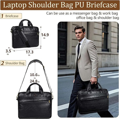 Faux Leather Messenger Bag for Men 17-17.3 Inch: Laptop Bag Briefcase Computer Handbags Shoulder Crossbody Bag with Padded Laptop Sleeve for Work College Travel, PU Black