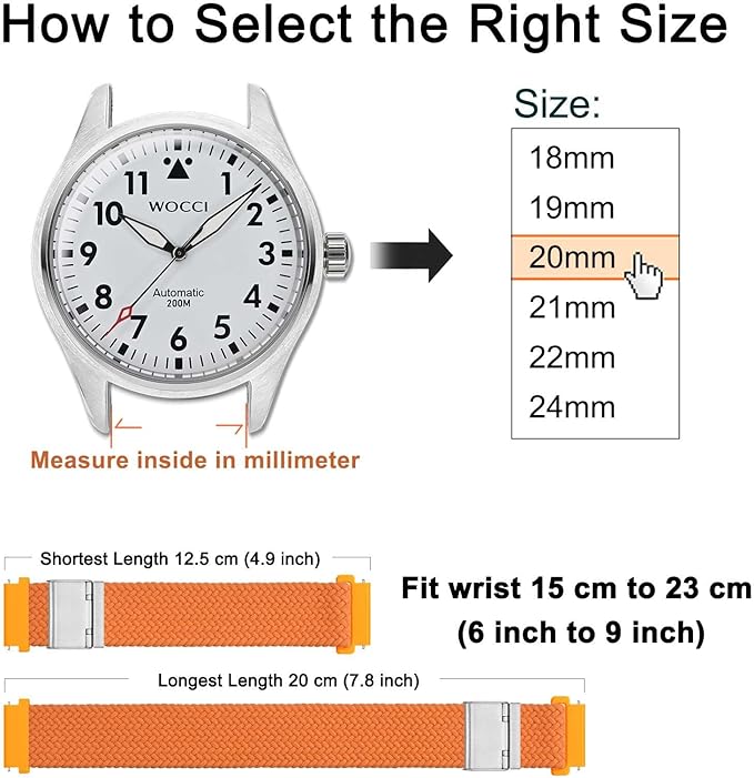 WOCCI 22mm Braided Nylon Watch Band for Men and Women, Quick Release, Silver Stainless Steel Buckle (Orange)