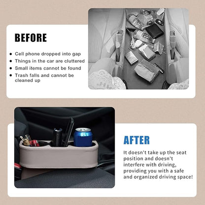 Car Cup Holder, PU Leather Auto Front Seat Organizer, Multifunctional Cup Drink Holders, Gap Filler Storage Box Coin Bucket Console Side Pocket Cell Mobile Phone Holder (Gray)
