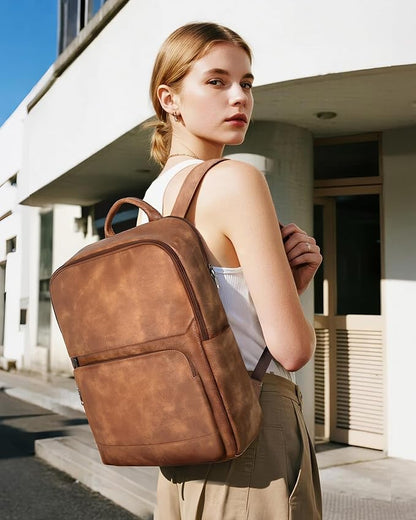 SYTRAH Leather Backpack for Women, Vintage 15.6 inch Laptop Backpack Purse for Women, College Casual Backpacks Ladies Computer Bags for Travel Business Work Mocha Brown