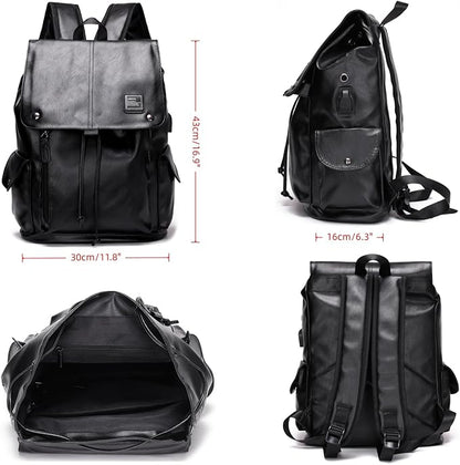 Soft leather backpack, casual PU backpack men women. USB charging port. Suitable for work, commuting, traveling, etc. Waterproof. (Black)