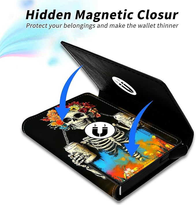 Minimalist Wallet for Men's Card Holders, Pop-Up Card Case Durable Wallets for Women, Leather Automatic Credit Card Holder with Metal Money Clip RFID Blocking Bifold Pocket, Watercolour Skull