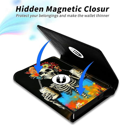 Minimalist Wallet for Men's Card Holders, Pop-Up Card Case Durable Wallets for Women, Leather Automatic Credit Card Holder with Metal Money Clip RFID Blocking Bifold Pocket, Watercolour Skull