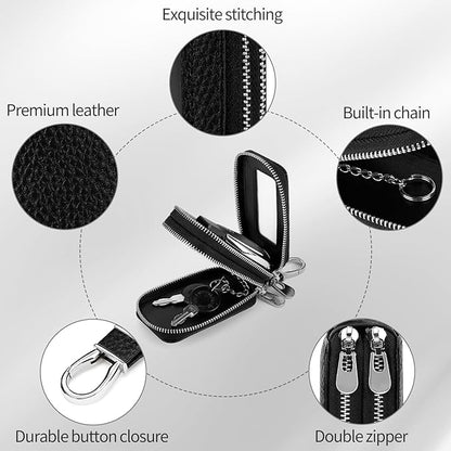 SENDEFN Car Key Fob Case Double Zipper Leather Smart Remote Keychain Protector Holder with Transparent Window