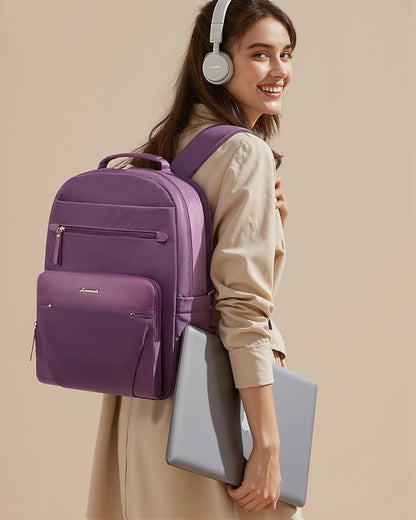 LOVEVOOK Laptop Backpack for Women with Leather Trim & Tumbler Pockets, 15.6" Work Backpack Purse, Travel Personal Item Bag, Carry On Business Computer Bag for Office, School, or Gift, Lustrous Plum