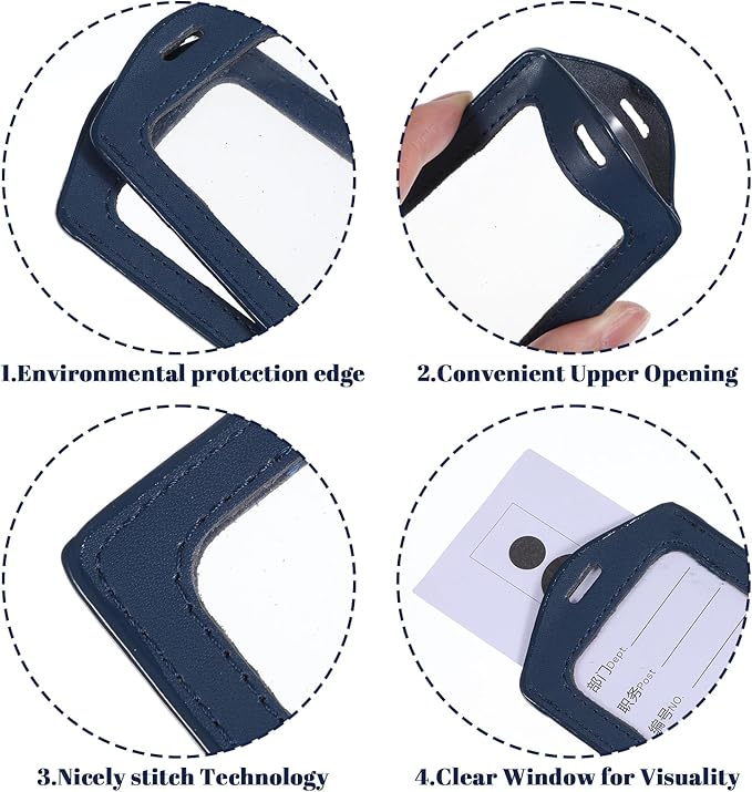 Mabor 2Pcs Leather Badge Holder - Vertical Double-Sided Clear ID Card Sleeve for Office/School/Employee (Navy Blue)