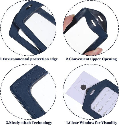 Mabor 2Pcs Leather Badge Holder - Vertical Double-Sided Clear ID Card Sleeve for Office/School/Employee (Navy Blue)