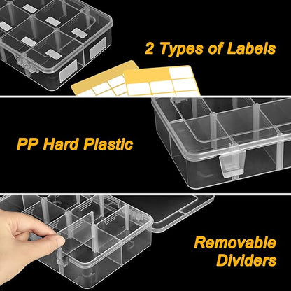 4 Pack 8 Grids Bead Organizer and Storage, Small Clear Plastic Divided Box with Removable Dividers and Labels for Snacks Candies Jewelry Crafts Electronics Small Parts Organizer Tackle Boxe(4)