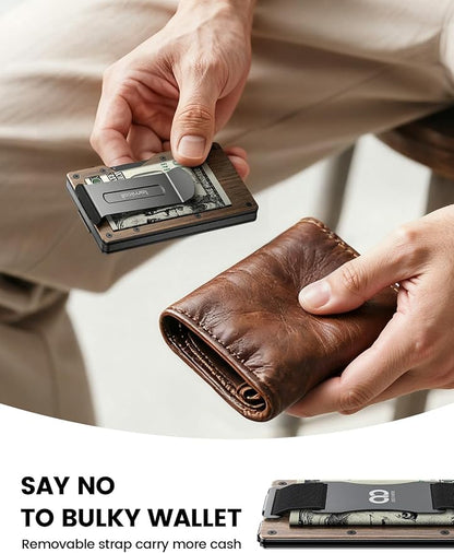 Lamicall Minimalist Metal Wallet for Men - [Mechanical Hinges][15-20 Cards] Capacity Slim Wallets, Credit Card Holder, Money Clip & Cash Strap, RFID, Gifts for Men Father Dad Mom, Metal Wooden Brown