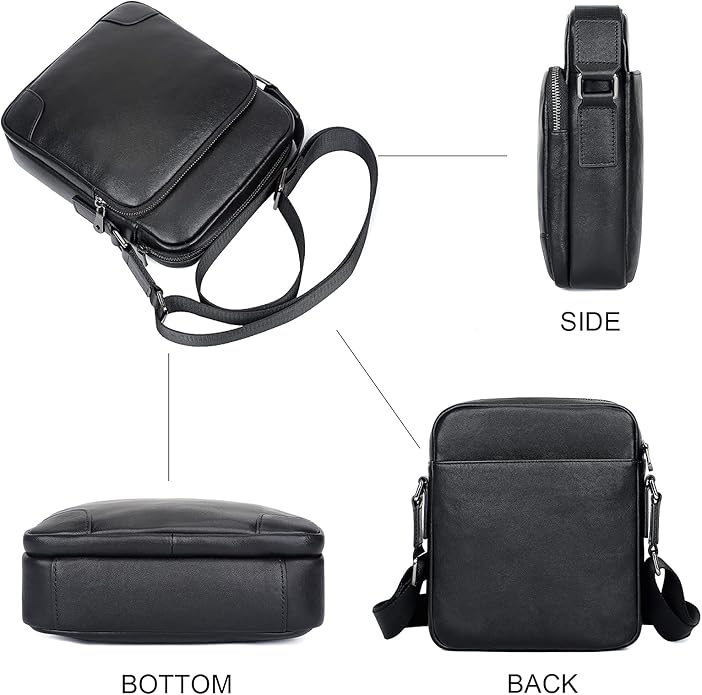 Augus Leather Messenger Crossbody Shoulder Bag for Men Work Business Casual Adjustable Straps (Black-1)