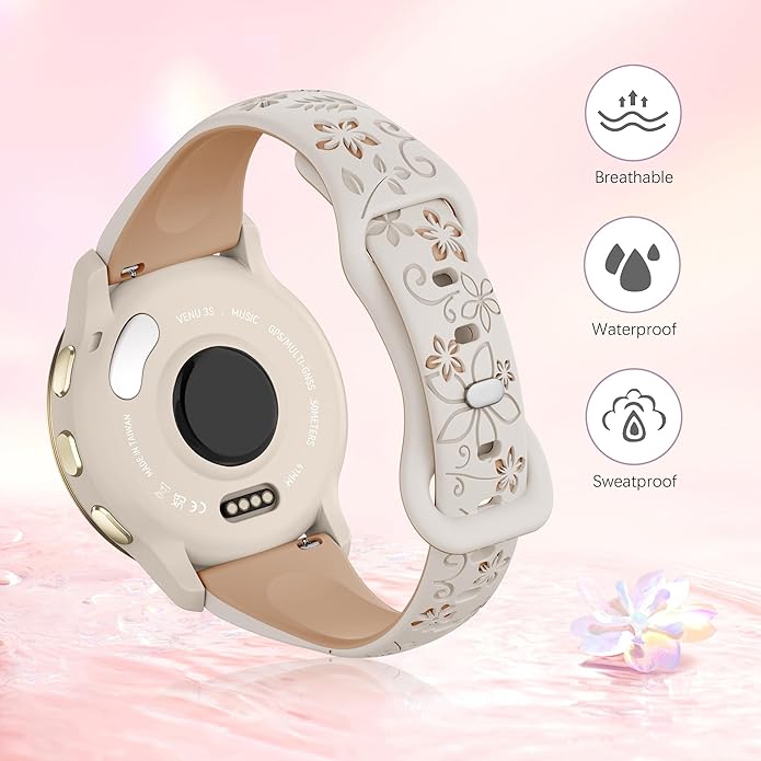 Laband 18mm Floral Engraved Band Compatible With Garmin Venu 3S 41mm/Venu 2S/Vivoactive 4S/Vivomove 3S/Venu 4 41mm/Forerunner 255S/Forerunner 265S,Soft Slim Silicone Cute Embossed Flower Strap for Men
