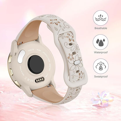 Laband 18mm Floral Engraved Band Compatible With Garmin Venu 3S 41mm/Venu 2S/Vivoactive 4S/Vivomove 3S/Venu 4 41mm/Forerunner 255S/Forerunner 265S,Soft Slim Silicone Cute Embossed Flower Strap for Men