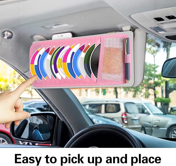 TIESOME CD Case Holder for Car, DVD Vehicle Visor Storage Organizer Large Capacity CD Visor Case Car Sun Visor Organizer with 12 DVD Storage Sleeves 1 Mesh Pocket 1 Pen Holder and Elastic Strap(Pink)