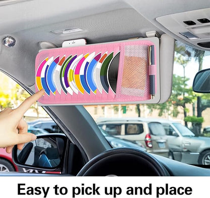 TIESOME CD Case Holder for Car, DVD Vehicle Visor Storage Organizer Large Capacity CD Visor Case Car Sun Visor Organizer with 12 DVD Storage Sleeves 1 Mesh Pocket 1 Pen Holder and Elastic Strap(Pink)