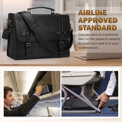 RAINSMORE Mens Messenger Bag 18 Inch Waterproof Vintage Leather Laptop Briefcase Large Laptop Bag Satchel Bag Computer Shoulder Bag for Office Business Travel College,Black