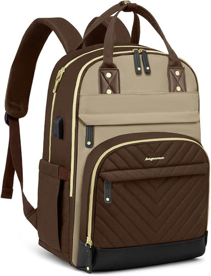 Laptop Backpack for Women Work Bag - 15.6 inch Travel Backpack Purse with USB Charger College Bookbag Waterproof Cute Casual Daypack Fashion Business Computer Backpacks for Teacher Nurse Brown Khaki