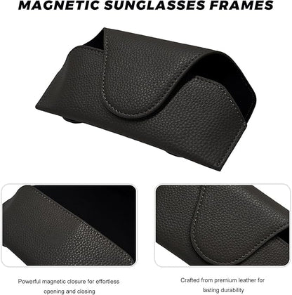 Sunglass Holder for Car Visor, Magnetic Auto Sun Visor Eyeglass Organizer with Dual Back Clips, Leather Glasses Protective Storage Case Universal for Most Vehicles Visors (Black)