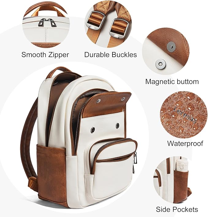 Leresas 37L Backpack Purse for Women Mens Teacher Bag Work Travel Back Pack Vegan Leather Laptop College Daypack Business Computer Book Bag Beige