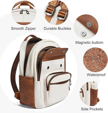 Leresas 37L Backpack Purse for Women Mens Teacher Bag Work Travel Back Pack Vegan Leather Laptop College Daypack Business Computer Book Bag Beige