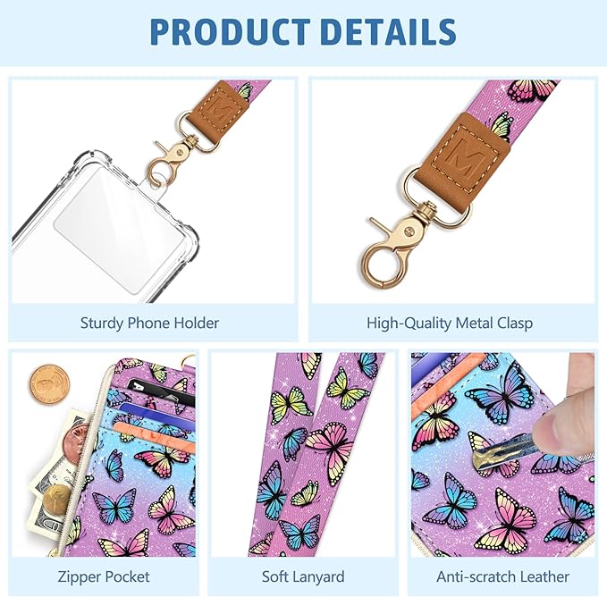 Piefly Butterfly Lanyard Wallet with ID Badge Holder, Small RFID Wallet Women Keychain Wristlet, Slim Credit Card Holder Case with Zipper Pocket Phone Lanyard Wrist Strap Name Tag Office Teacher Gift