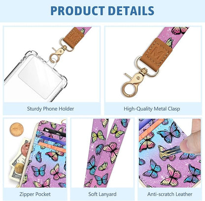 Piefly Butterfly Lanyard Wallet with ID Badge Holder, Small RFID Wallet Women Keychain Wristlet, Slim Credit Card Holder Case with Zipper Pocket Phone Lanyard Wrist Strap Name Tag Office Teacher Gift