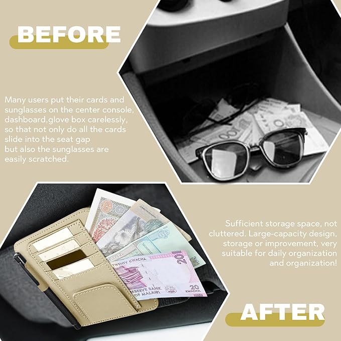 Car Sun Visor Organizer, Multifunctional Auto Visor Document Holder with Sunglasses Clip, Universal Car Interior Accessories Organizer for Drving License, Card, Pen (Beige)