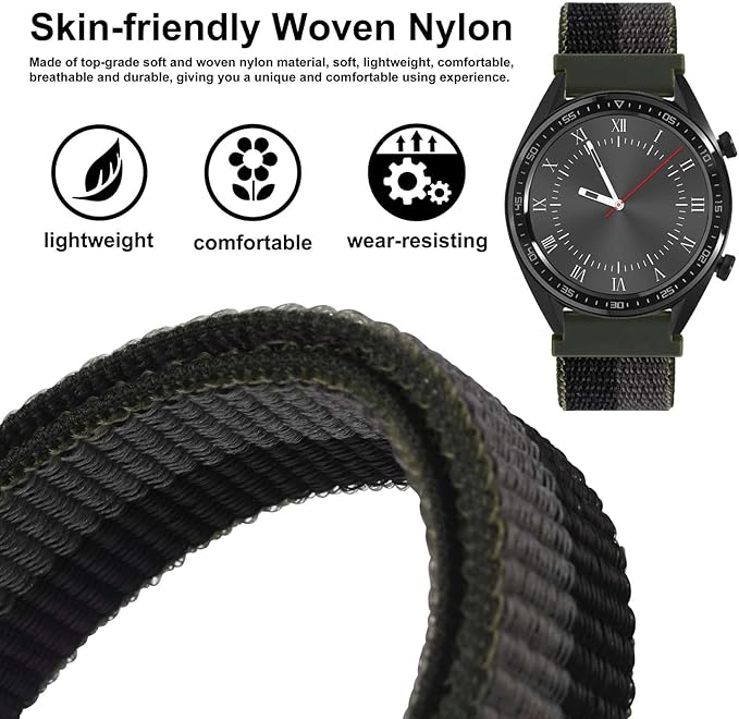 WOCCI 20mm Adjustable Nylon Watch Band, Quick Release Sport Loop Strap (Black/Grey)