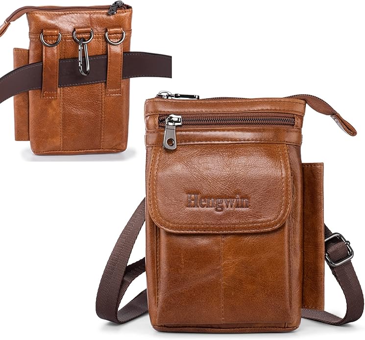 Hengwin Genuine Leather Small Crossbody Purse for Men Women, Travel Passport Wallet Cell Phone Shoulder Holster Belt Pouch Messenger Bag