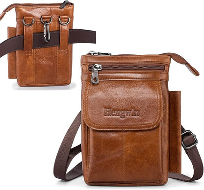 Hengwin Genuine Leather Small Crossbody Purse for Men Women, Travel Passport Wallet Cell Phone Shoulder Holster Belt Pouch Messenger Bag