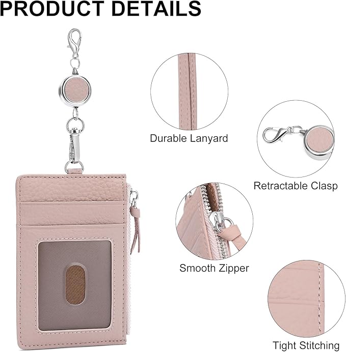 SENDEFN Retractable Badge Holder Wallet, Genuine Leather ID Card Holder with Removable Neck Lanyard Clasp, Five Card Slots, for Office Staff Women