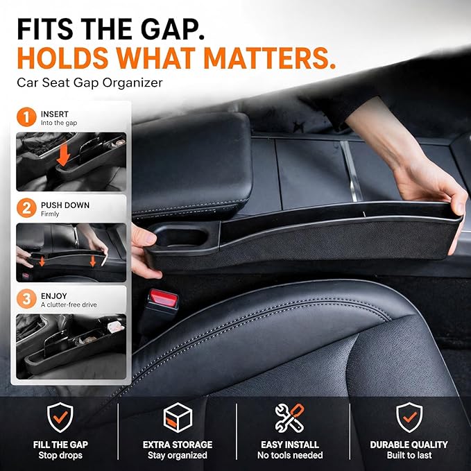 Car Seat Gap Filler Organizer for Tesla Model Y Juniper & Model 3 Highland, TPE Seat Gap Plug with Storage Slot, Seat Belt Slot, No-Drop, Black, 2-Pack