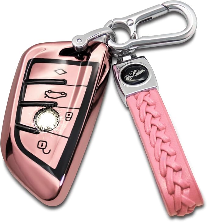 Creativity Suitable for BMW key fob Cover. Advanced soft TPU key box is compatible with F30 F45 F55 G20 G30 X1 X3 X4 X5 X6 X7 3 5 6 7 8 M5 M6 GT series smart key (Type B Pink Key Case + key chain set)