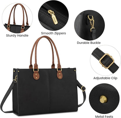 LOVEVOOK Laptop Tote Bag for Women, 15.6 Inch Large Capacity Vintage Leather Work Computer Bag, Business Casual Shoulder Handbag, Black & Brown