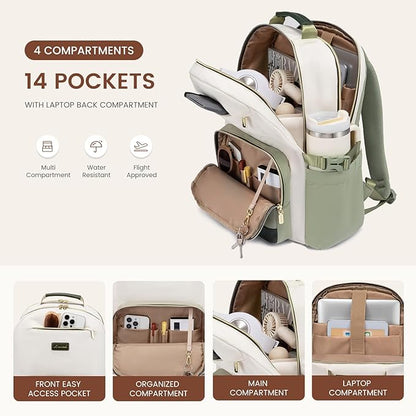 LOVEVOOK Laptop Backpack for Women with Pouch Pocket for Large Capacity Cup,17 Inch Teacher Nurse College Work Backpack Purse,Waterproof Laptop Bag Computer Back Pack for Travel, Beige-Green-Black
