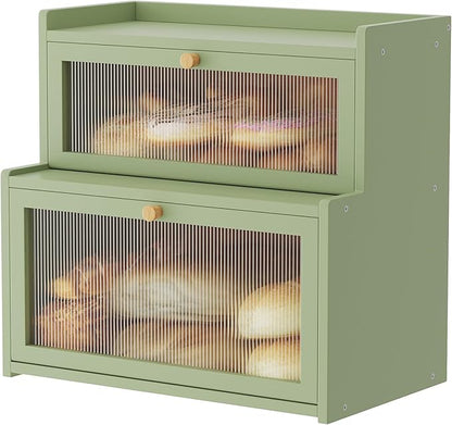 Double Layer Bamboo Bread Box for Kitchen Counter, Countertop Bread Storage Container, Bread Container Bread Storage with Window Bread Holder (Green)