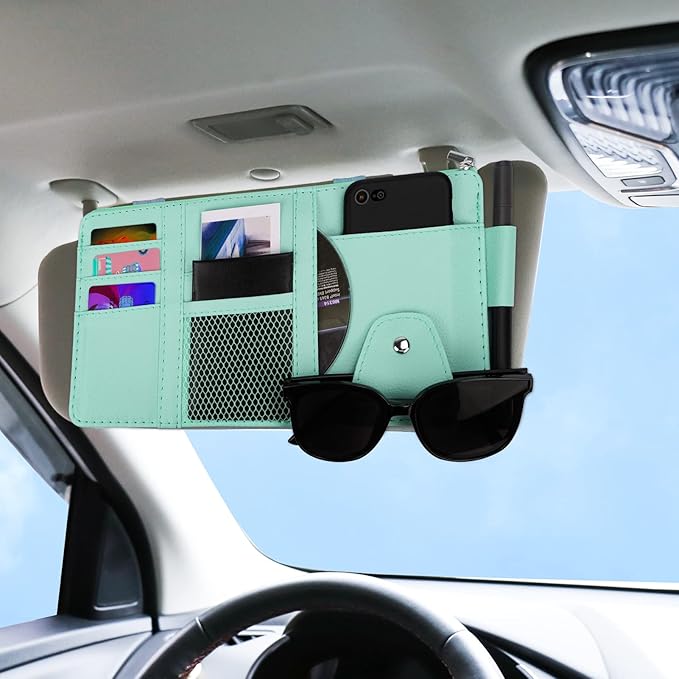 Car Sun Visor Organizer, Leather Pocket Organizer Sunglass Holder for Car Interior Accessories with Multi-Pocket Net Zipper (Blue)