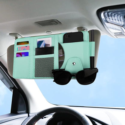 Car Sun Visor Organizer, Leather Pocket Organizer Sunglass Holder for Car Interior Accessories with Multi-Pocket Net Zipper (Blue)