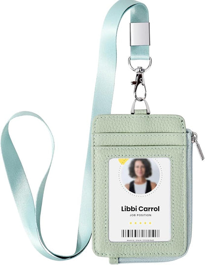 Badge Holder-Genuine Leather ID Badge Holder with Zipper Pocket and Nylon Lanyard – Perfect for Badges, Cards, and More