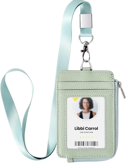 Badge Holder-Genuine Leather ID Badge Holder with Zipper Pocket and Nylon Lanyard – Perfect for Badges, Cards, and More
