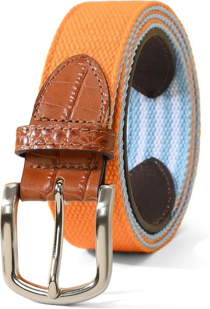 Mile High Life Golf Belts for Men, Canvas Belt with Genuine Leather Tips, Embroidered 2 Layer Web Belt with Pin Buckle