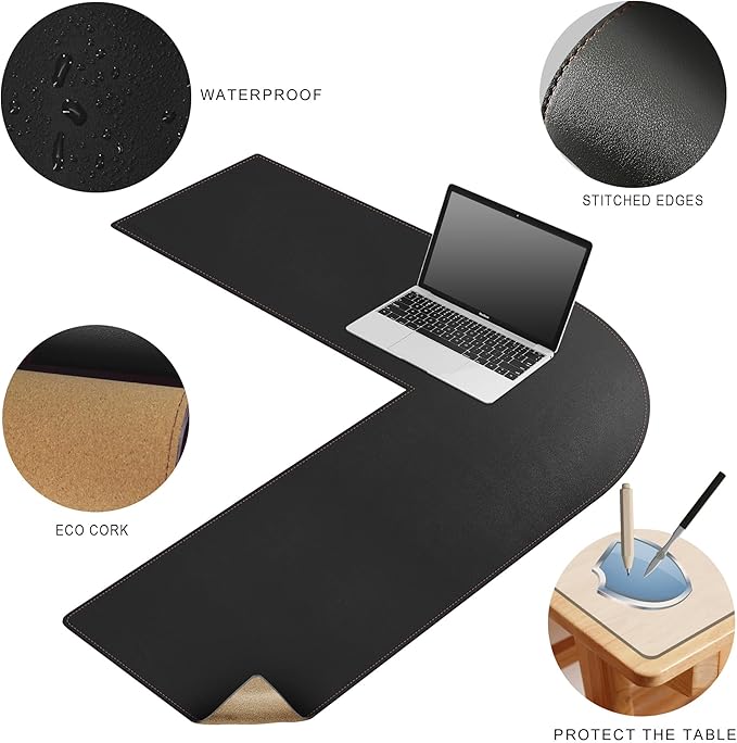 MAIDERN (40”+ 40”) x 13” L Shaped Corner Desk Mat, Cork & Leather Dual Sided Desk Pad for Gaming Computer Office Home (Black) …