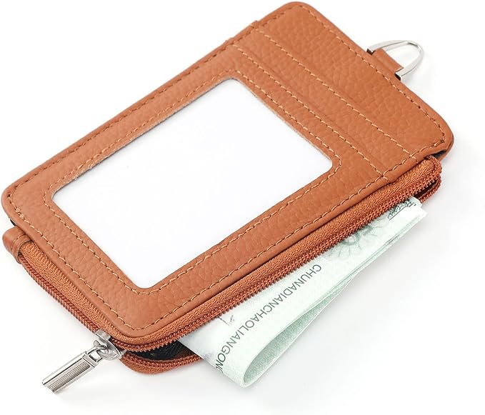 Badge Holder-Genuine Leather ID Badge Holder with Zipper Pocket and Nylon Lanyard – Perfect for Badges, Cards, and More