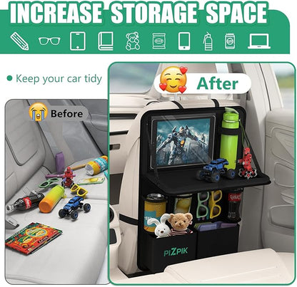 Plzpik Car Backseat Organizer with Tablet Holder,11 Storage Pockets with Foldable Food Tray, Protector Kick Mats for Kids, Travel Accessories Organizer (Black, 1Pack with Food Tray)