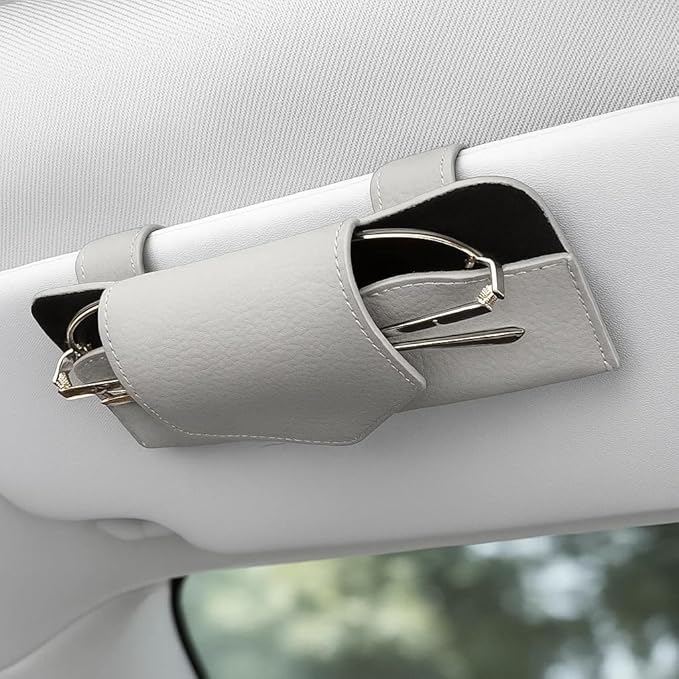 Sunglass Holder for Car Visor, Leather Vehicle Eyeglass Sun Visor Hanger Case with Hidden Magnetic Closure, Automotive Glasses Storage Organizer, Universal for SUV RV Truck (Gray)