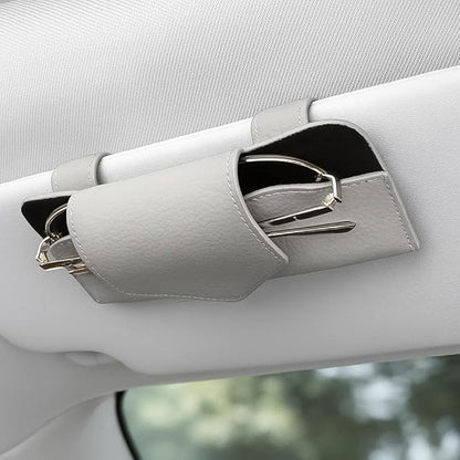 Sunglass Holder for Car Visor, Leather Vehicle Eyeglass Sun Visor Hanger Case with Hidden Magnetic Closure, Automotive Glasses Storage Organizer, Universal for SUV RV Truck (Gray)
