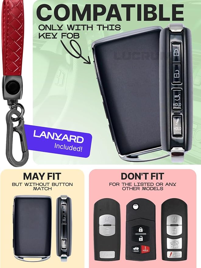 Lucrum Compatible with Mazda Key Fob Cover & Leather Keychain - TPU Case for 3, 6, CX-5 CX-9 CX-30 CX-50 CX-70 (2019-2025)