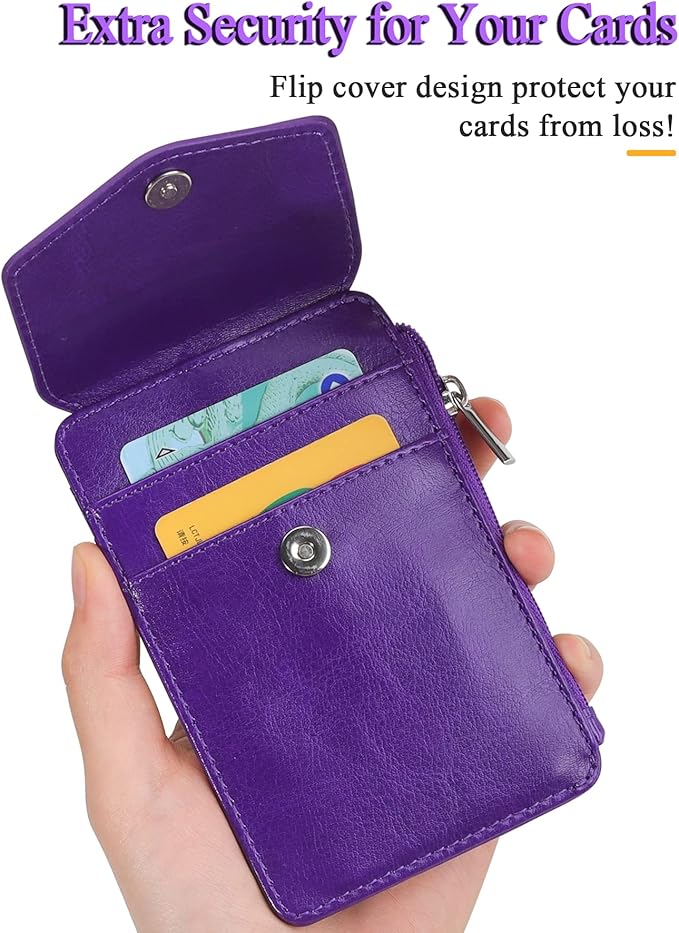 Teskyer Badge Holder with Side Zip Pocket, Multiple Card Slots Leather ID Holder Wallet with Neck Lanyard for Office Staffs, Teachers/Students, Couriers, Workers, Purple