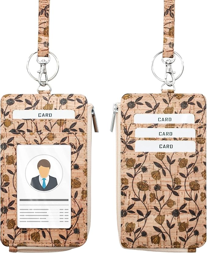 Badge Holder with Zipper - Boshiho Natural Cork ID Badge Card Holder Wallet with 18" Neck Lanyard, 5 Card Slots Vertical Style