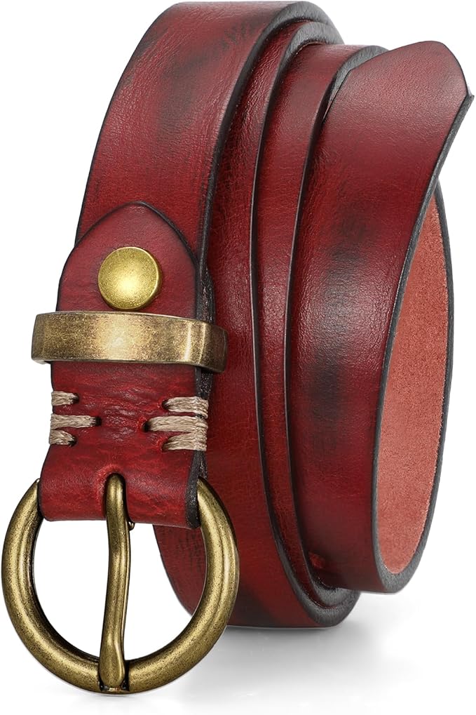 SANSTHS Womens Genuine Leather Belts for Jeans Pants Trendy Vintage Thin Leather Belt Gold Buckle Ladies Skinny Waist Belt