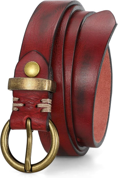 SANSTHS Womens Genuine Leather Belts for Jeans Pants Trendy Vintage Thin Leather Belt Gold Buckle Ladies Skinny Waist Belt